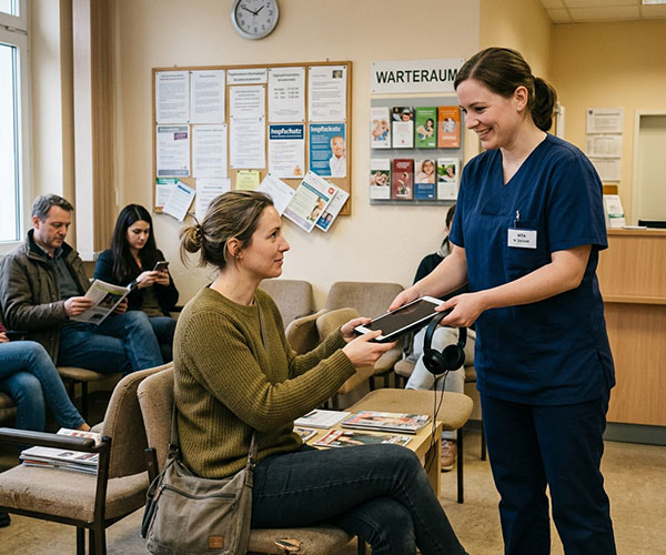 Pflegekraft übergibt Tablet an Patientin – Nutzung von Aufklärungsvideos im Alltag