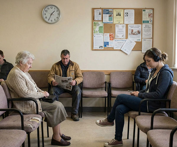 Patienten sitzen im Wartezimmer – Alltagssituation in medizinischer Praxis