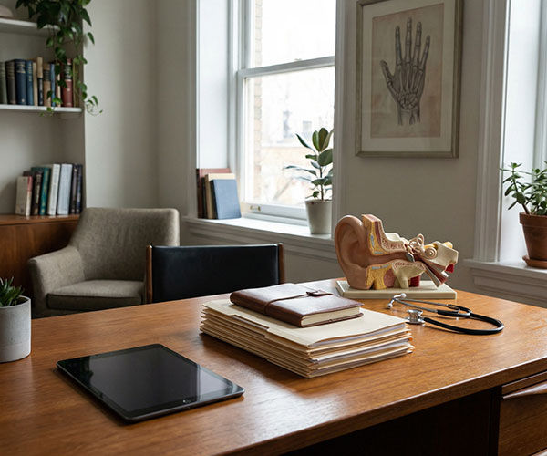 Schreibtisch in Praxis mit Unterlagen und Tablet – Vorbereitung medizinischer Inhalte