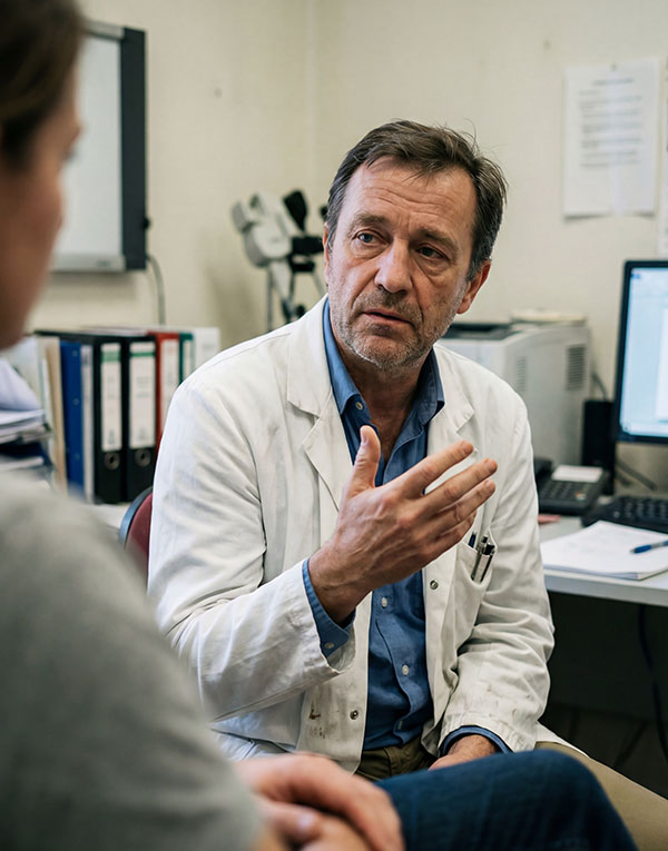 Arzt im Gespräch mit Patient in Praxis – Erklärung medizinischer Inhalte