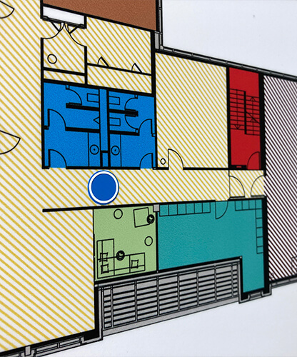 Übersichtsplan eines Bürogrundrisses mit farblicher Raumkennzeichnung