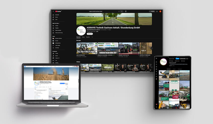 Darstellung von Agravis Social Media Kanälen auf Laptop, Tablet und Smartphone