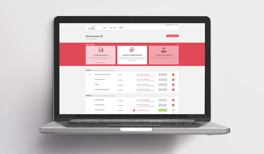 Benutzeroberfläche einer Eventplattform auf Desktop – strukturierte Prozesse