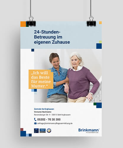 Plakat zur Pflegevermittlung mit älterer Person – verständliche Ansprache für Angehörige